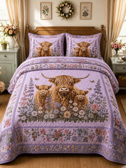H.PAI Garden Highland Cow Gathering 3-Piece Quilted Bedding Set
