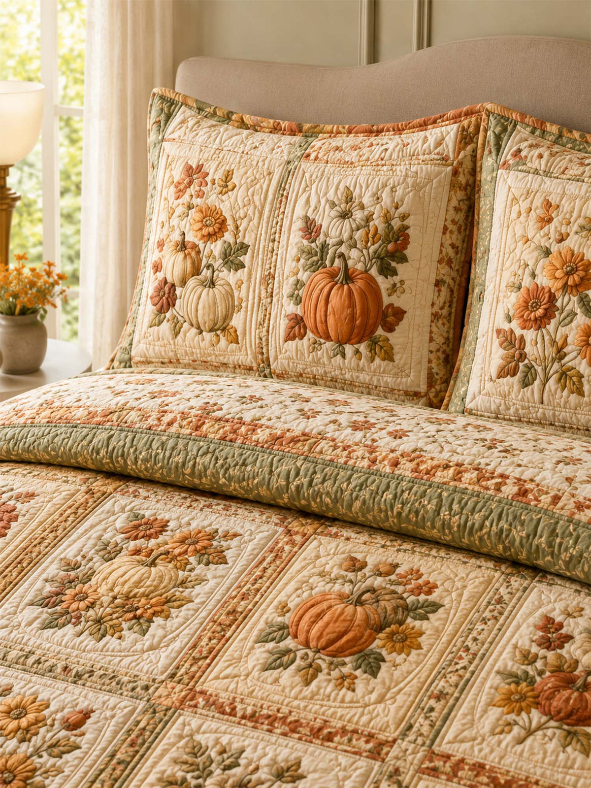 H.PAI Pumpkin Harvest Quilted 3-Piece Bedding Set