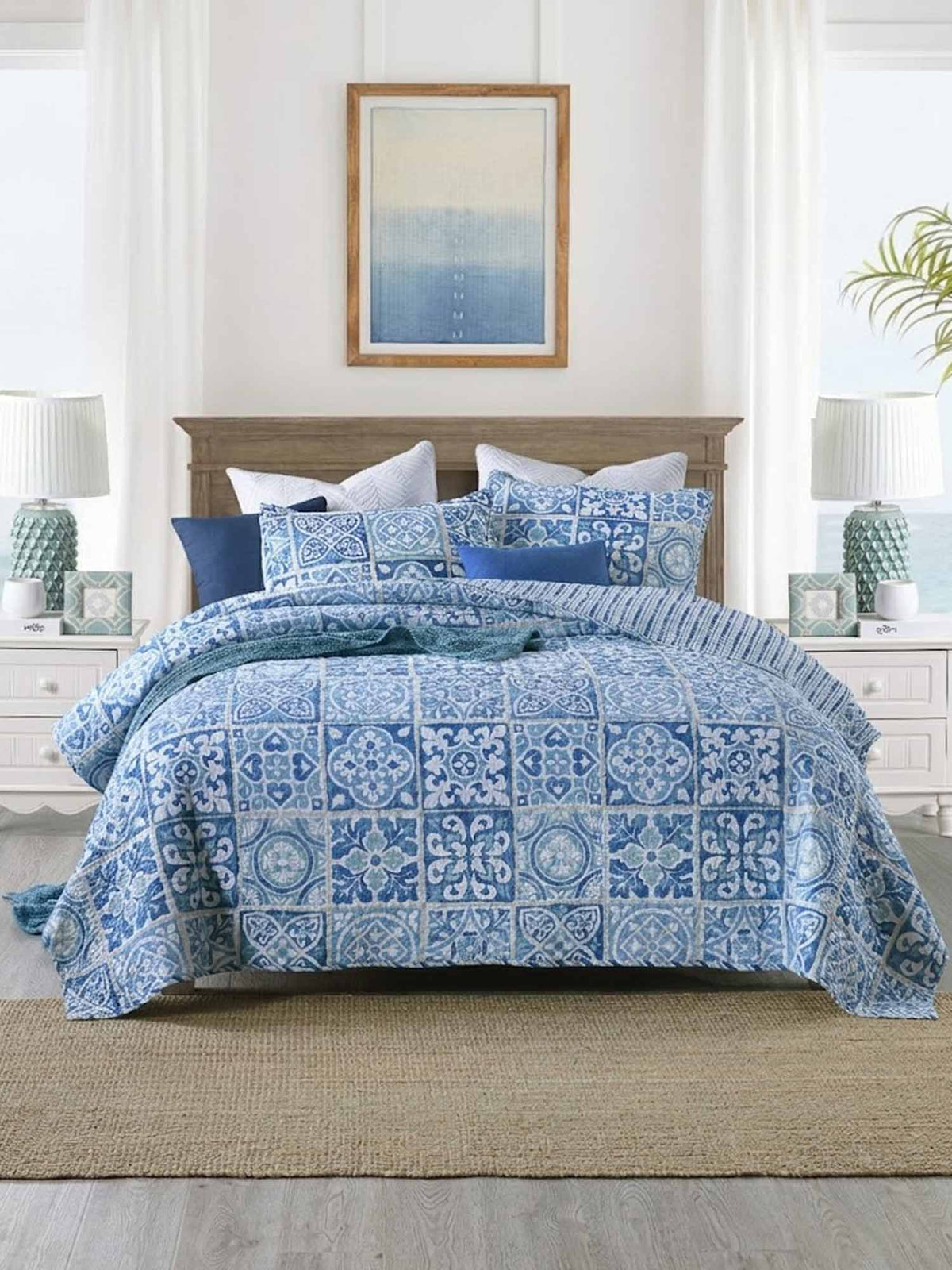 Coastal Boho Blue Portuguese Tile Print Quilted 3‑Piece Bedding Set