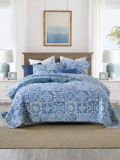 Coastal Boho Blue Portuguese Tile Print Quilted 3‑Piece Bedding Set