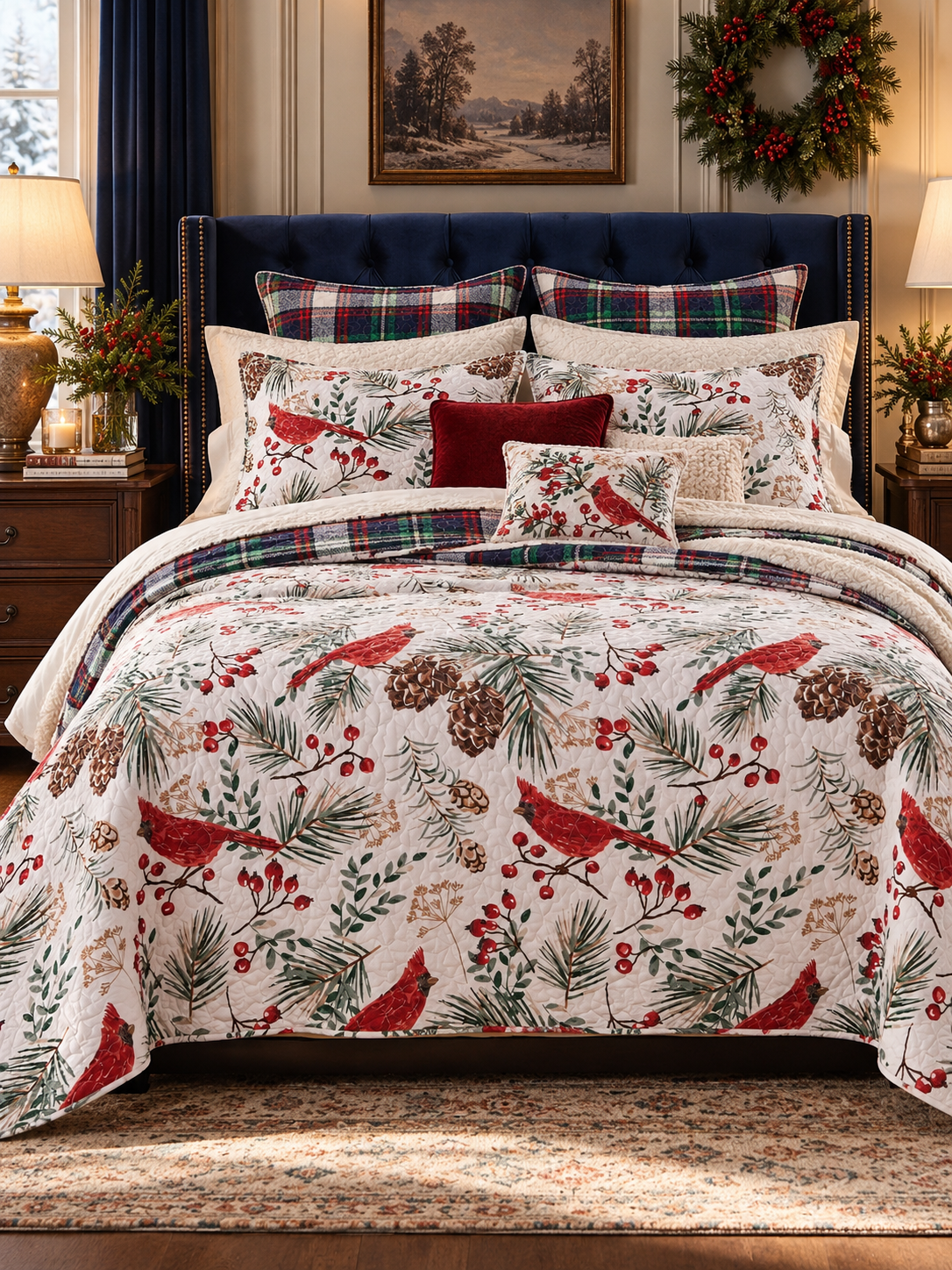 Winter Cardinal Christmas Quilted 3-Piece Bedding Set
