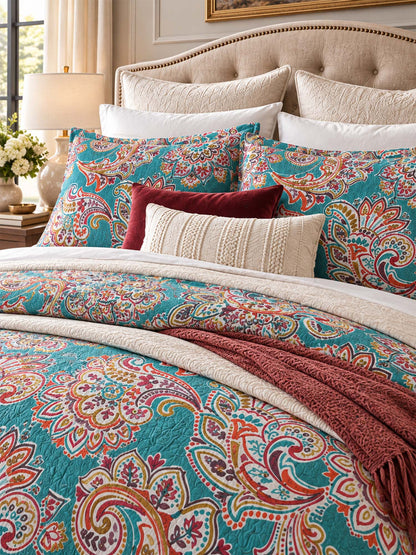Teal Paisley Floral 100% Cotton Quilted 3-Piece Bedding Set