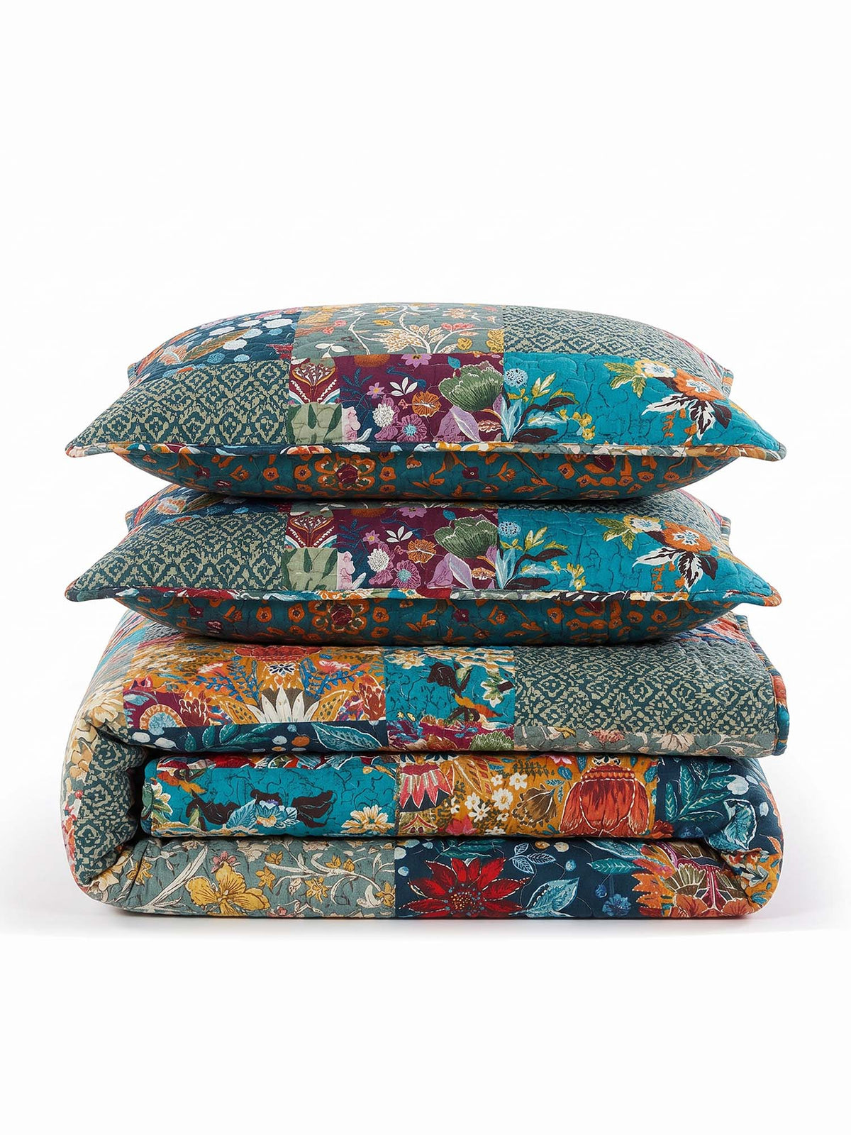 Teal Botanical Pieced Patchwork 100% Cotton Quilted 3-Piece Bedding Set