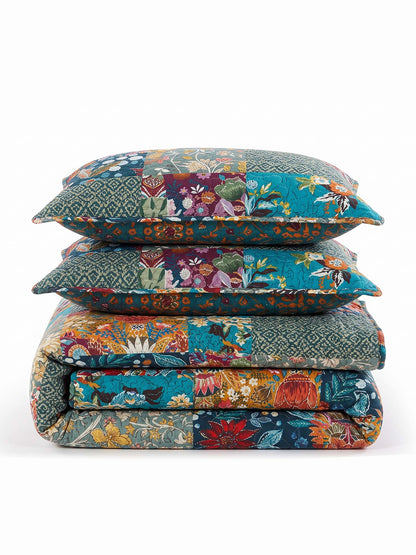 Teal Botanical Pieced Patchwork 100% Cotton Quilted 3-Piece Bedding Set