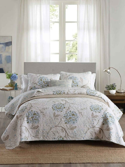 Light Blue Hydrangea Floral Print Quilted 3‑Piece Bedding Set