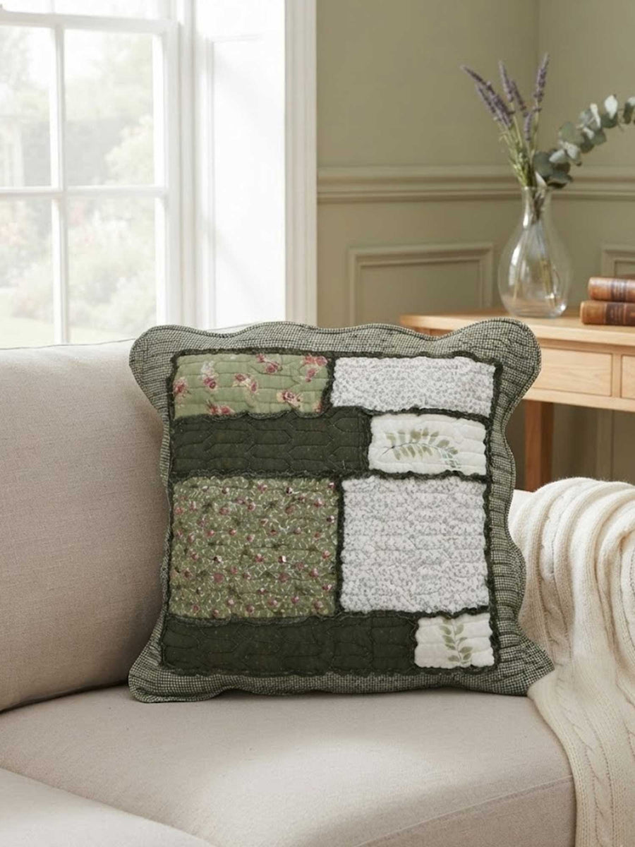 Dark Green Floral Patchwork Quilted Pillow Cover
