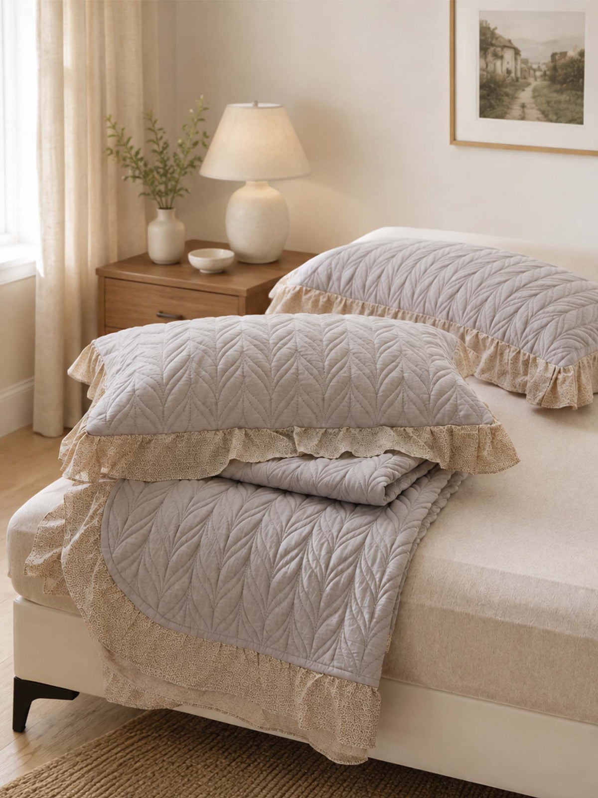 Sage Leaf Double-Layer Gauze Quilted 3-Piece Bedding Set