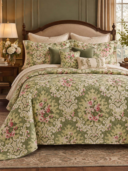 Vintage Rose Botanical Floral Quilted 3-Piece Bedding Set