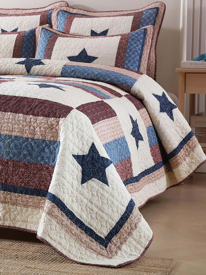 Americana Star Patchwork Quilted 3-Piece Bedding Set