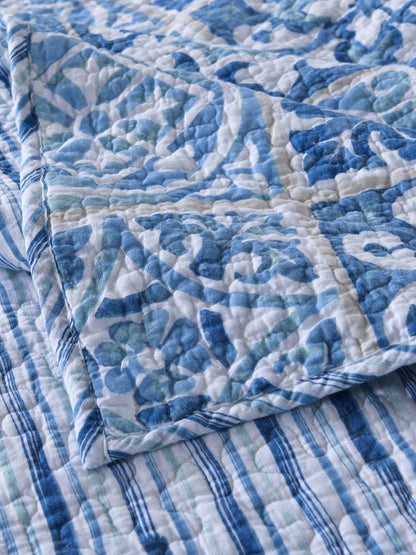 Coastal Boho Blue Portuguese Tile Print Quilted 3‑Piece Bedding Set