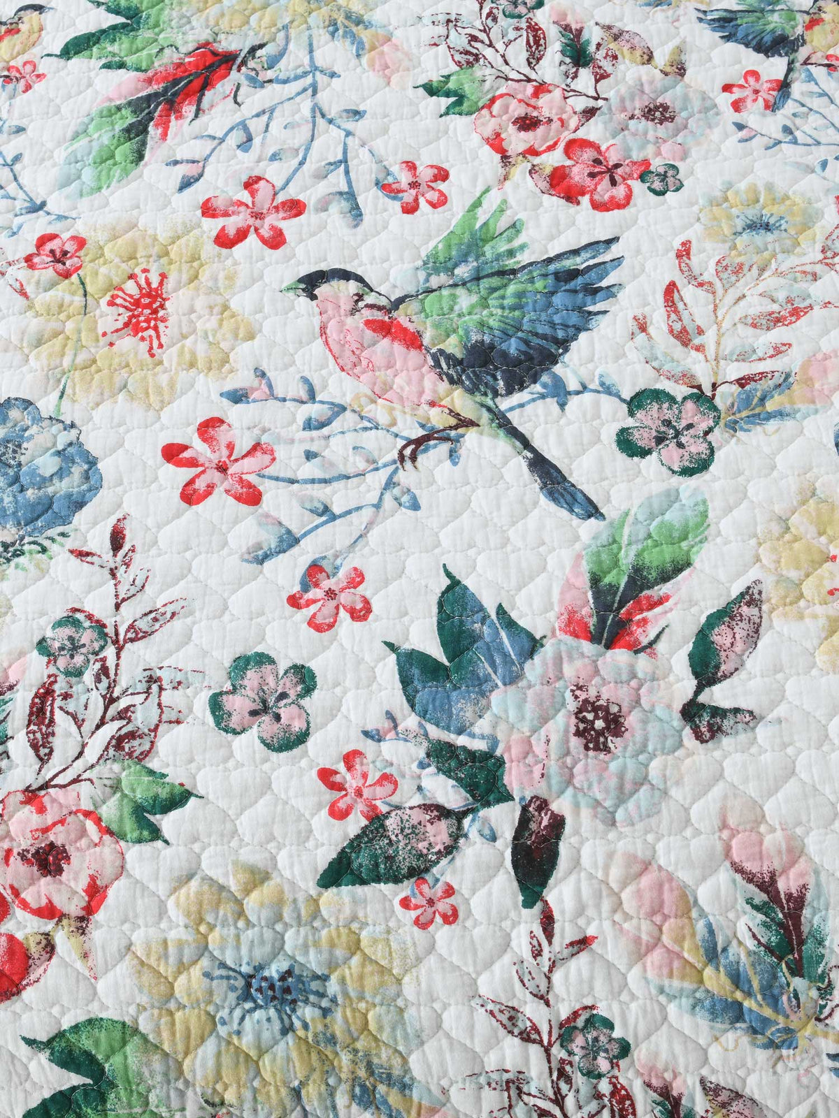 Vintage Bird Floral Garden Print Quilted 3‑Piece Bedding Set