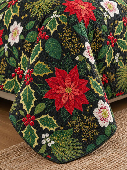 Poinsettia Holly Christmas Quilted 3-Piece Bedding Set
