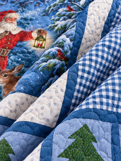 Santa's Winter Woodland Blue Gingham Quilted 3-Piece Bedding Set