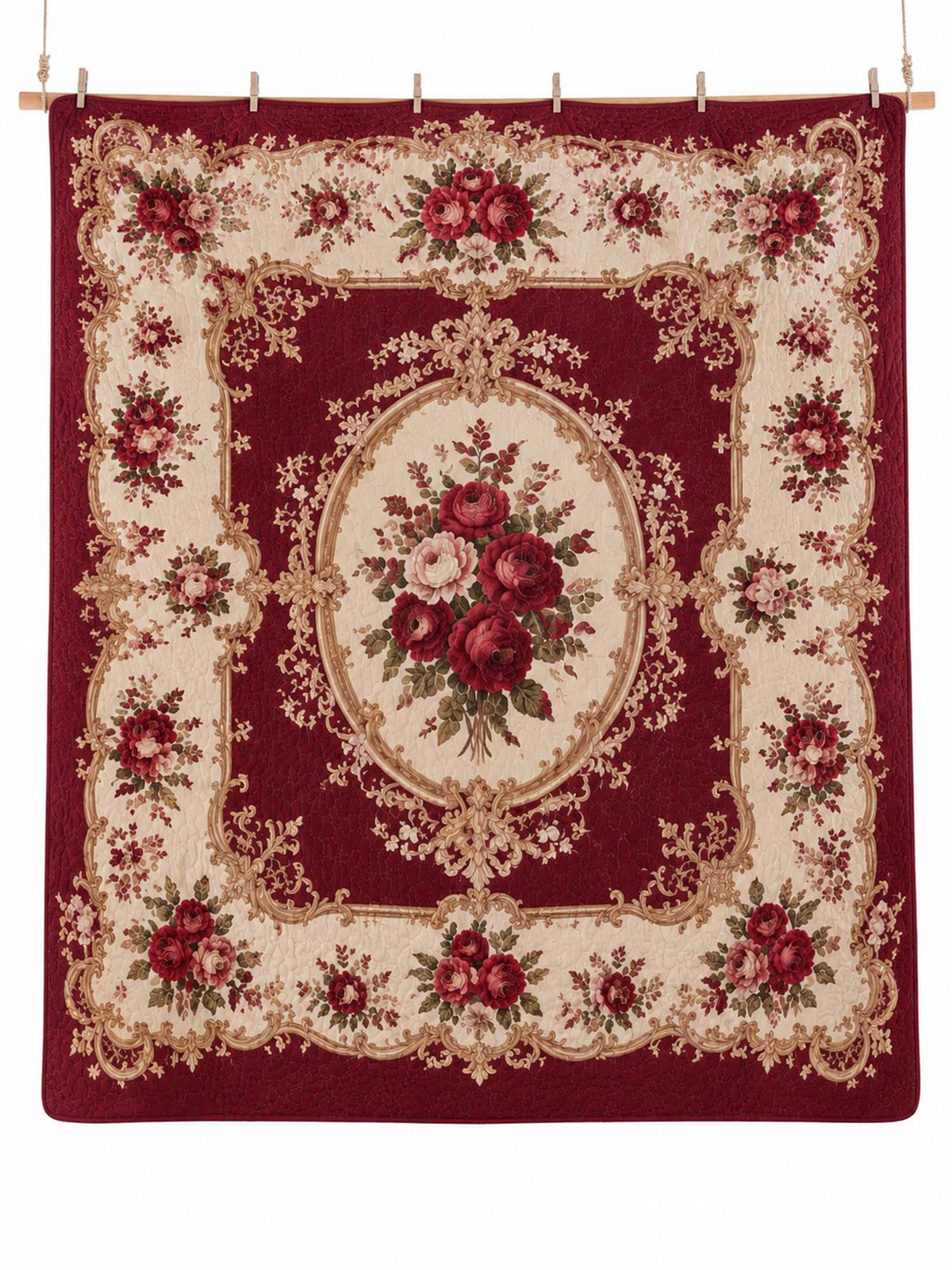 Vintage Burgundy Rose Baroque Quilted 3-Piece Bedding Set