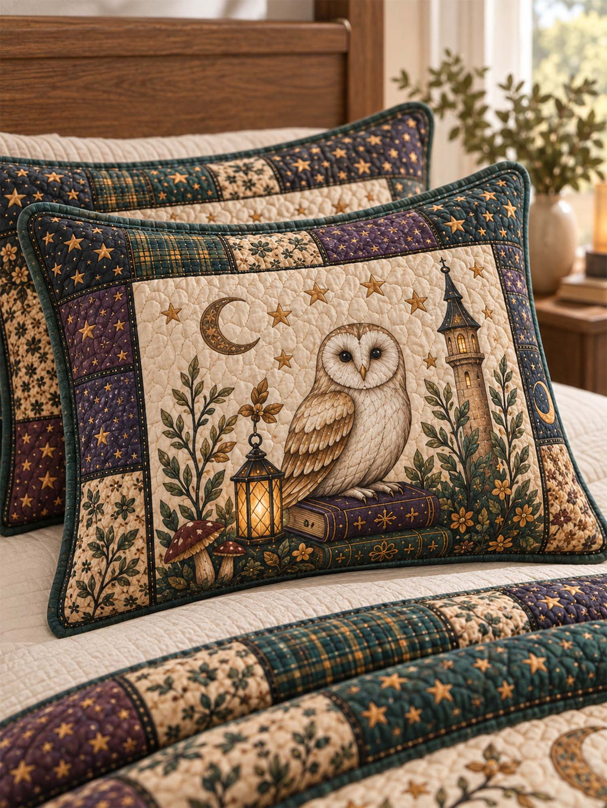 Woodland Owl Mushroom Crystal Castle Quilted 3‑Piece Bedding Set