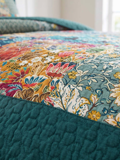 Teal Botanical Pieced Patchwork 100% Cotton Quilted 3-Piece Bedding Set
