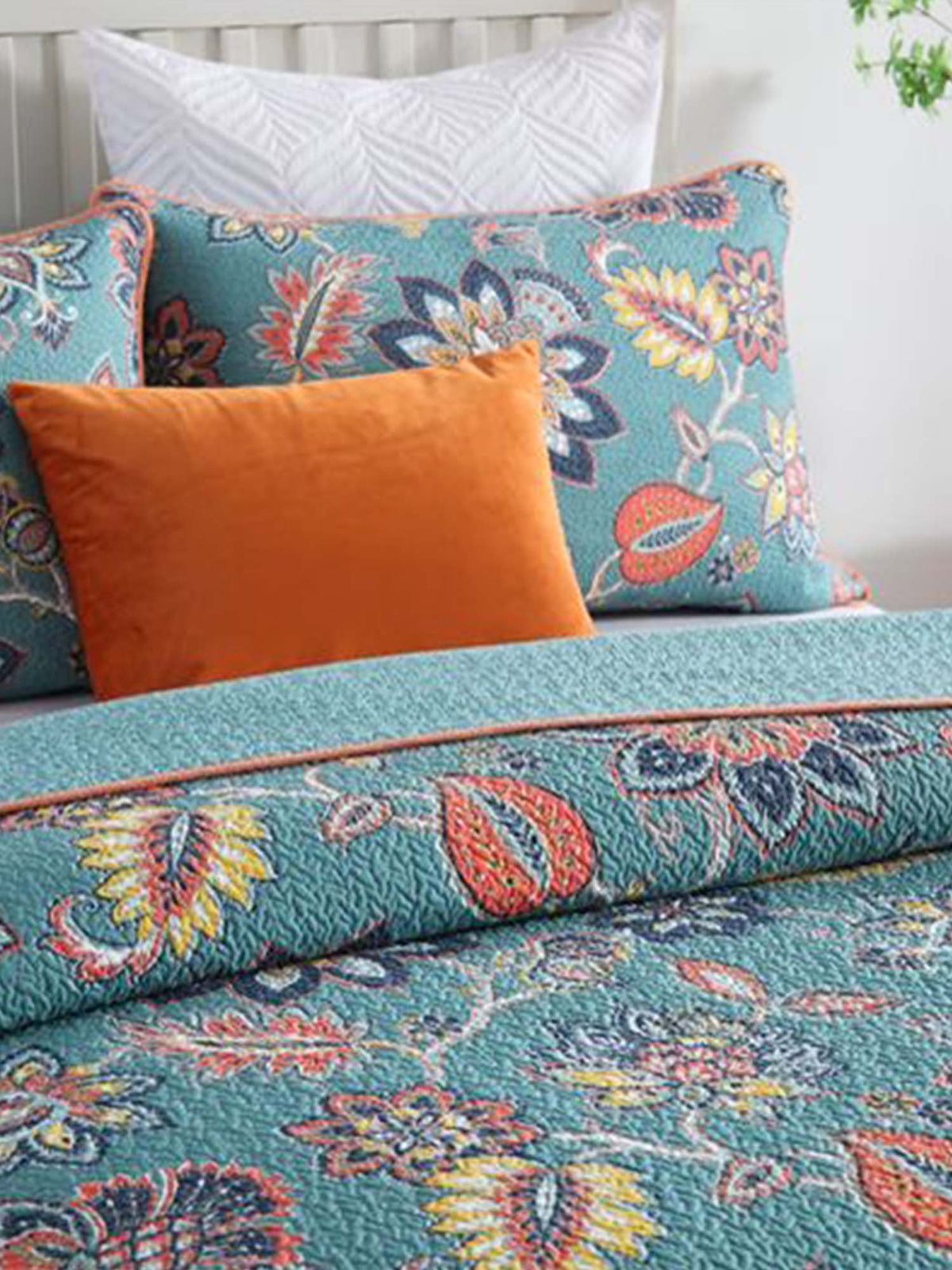 Teal Autumn Bloom Quilted 3-Piece Bedding Set