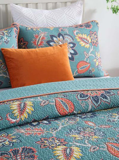 Teal Autumn Bloom Quilted 3-Piece Bedding Set
