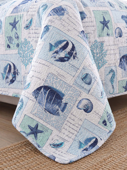 Coastal Marine Life Reversible 100% Cotton Quilted 3-Piece Bedding Set