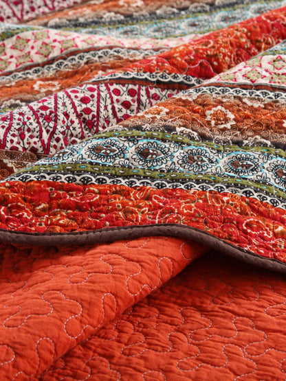 Rust Orange Bohemian Striped Patchwork Quilted 3‑Piece Bedding Set