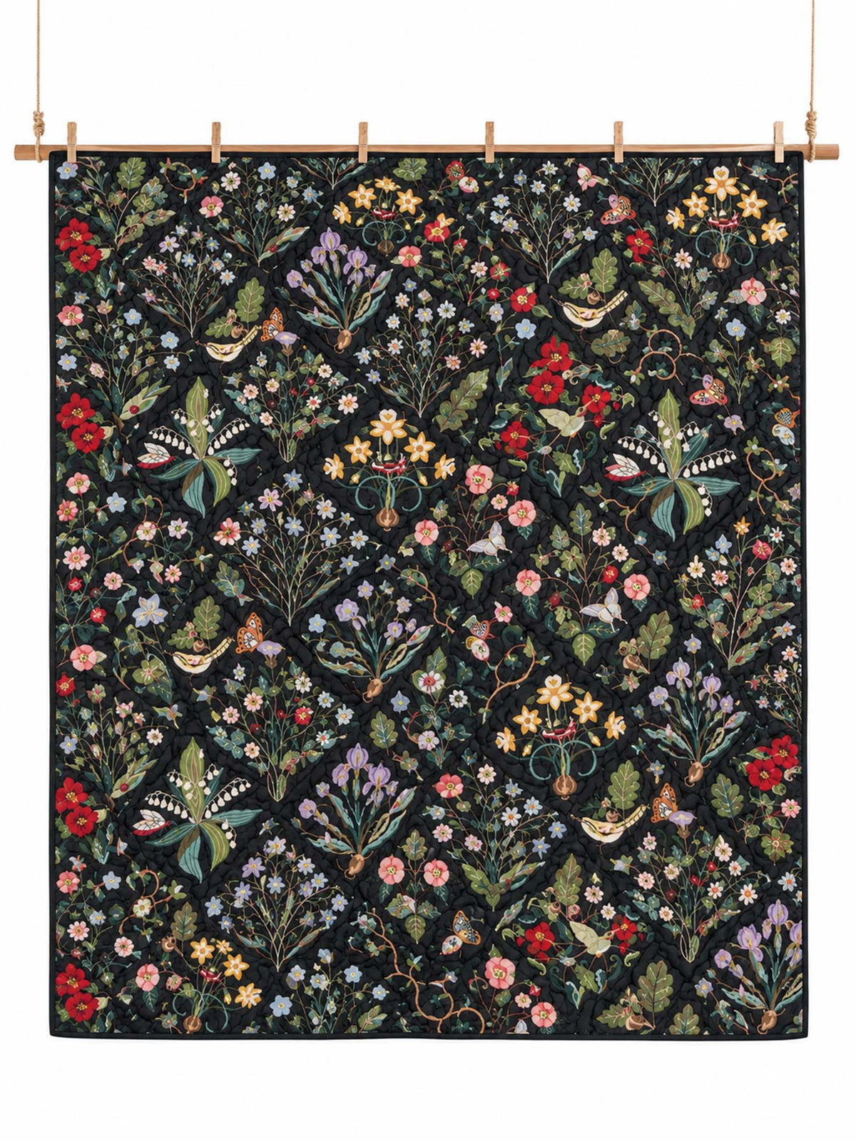 Midnight Butterfly Wildflower Garden Quilted 3-Piece Bedding Set