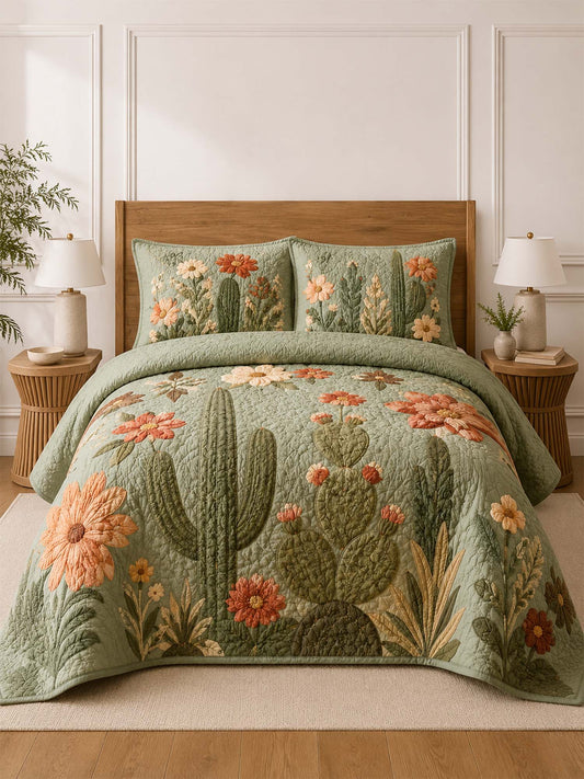 H.PAI Cactus Garden Floral Quilted 3-Piece Bedding Set