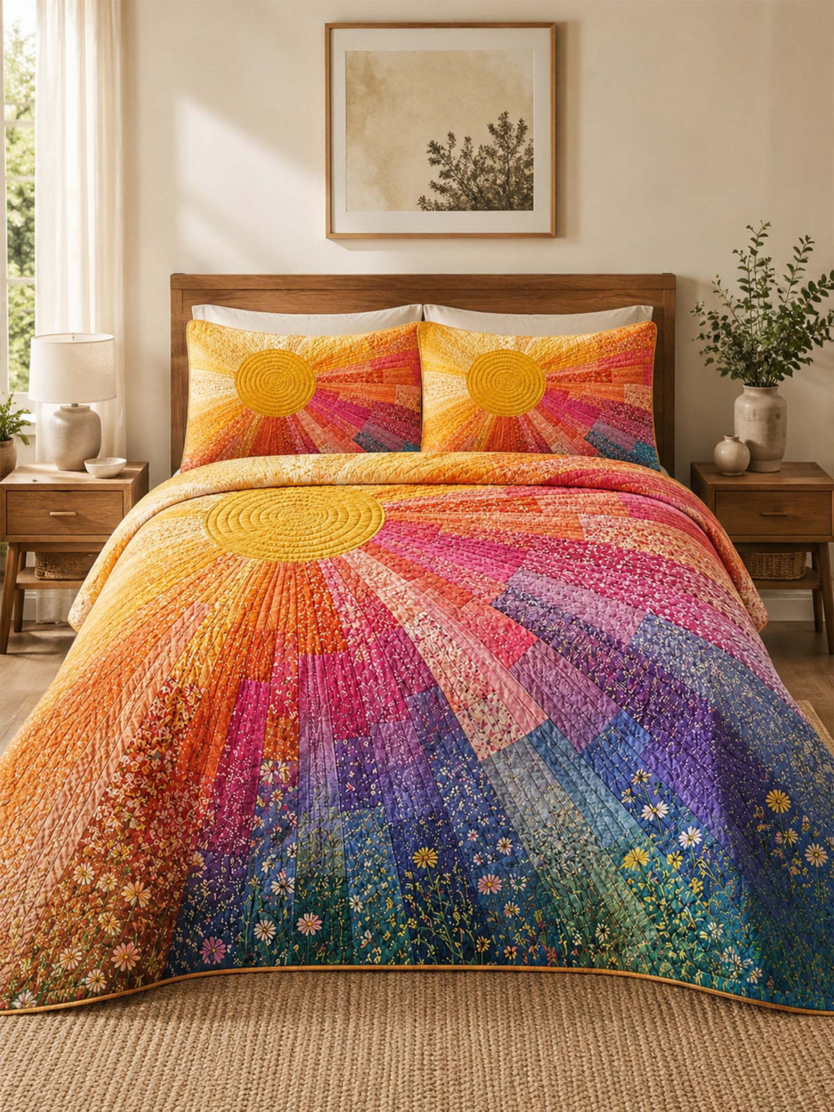 H.PAI Rainbow Sunburst Quilted 3-Piece Bedding Set