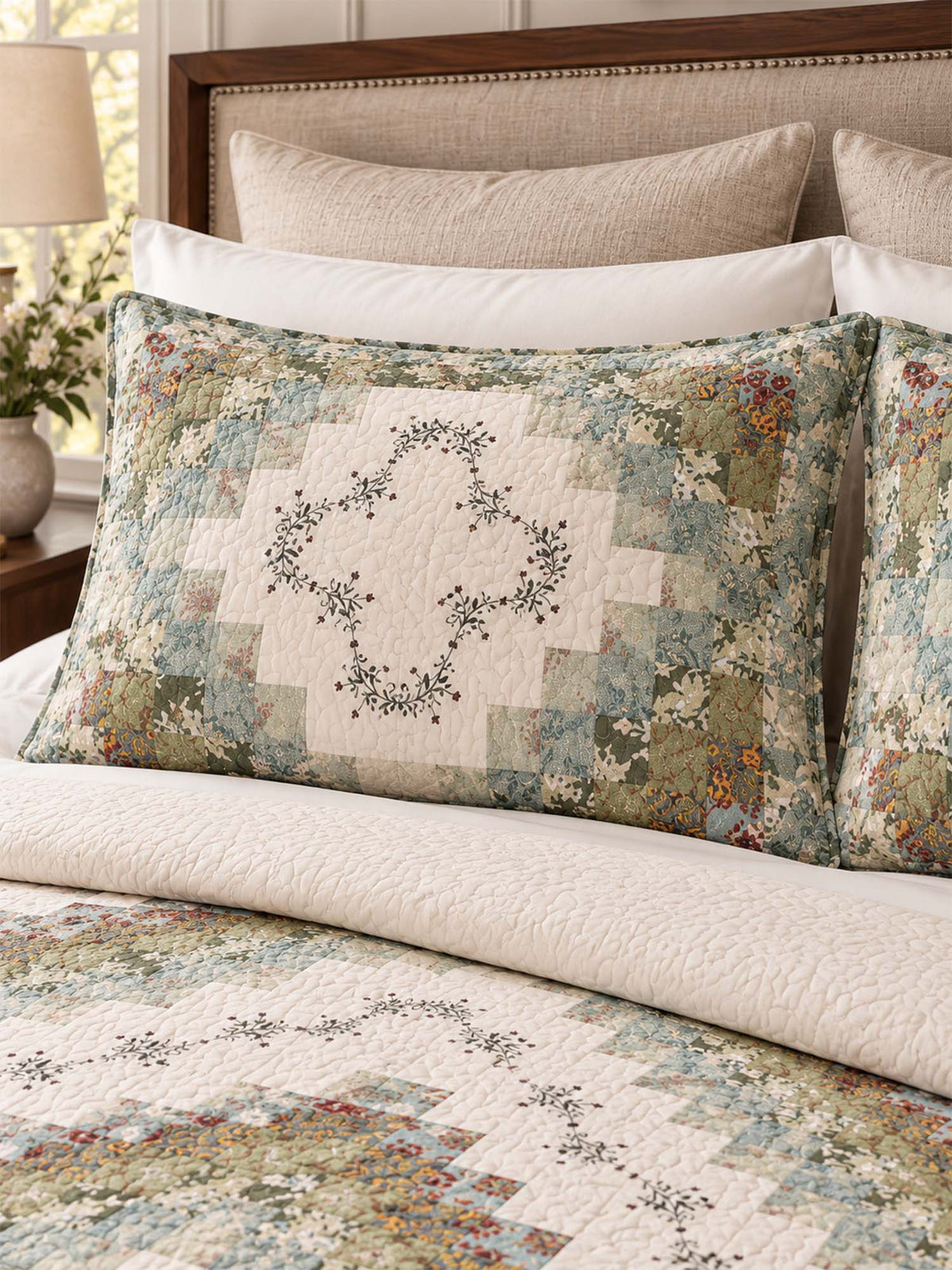 Sage Floral Patchwork Embroidered 100% Cotton Quilted 3-Piece Bedding Set