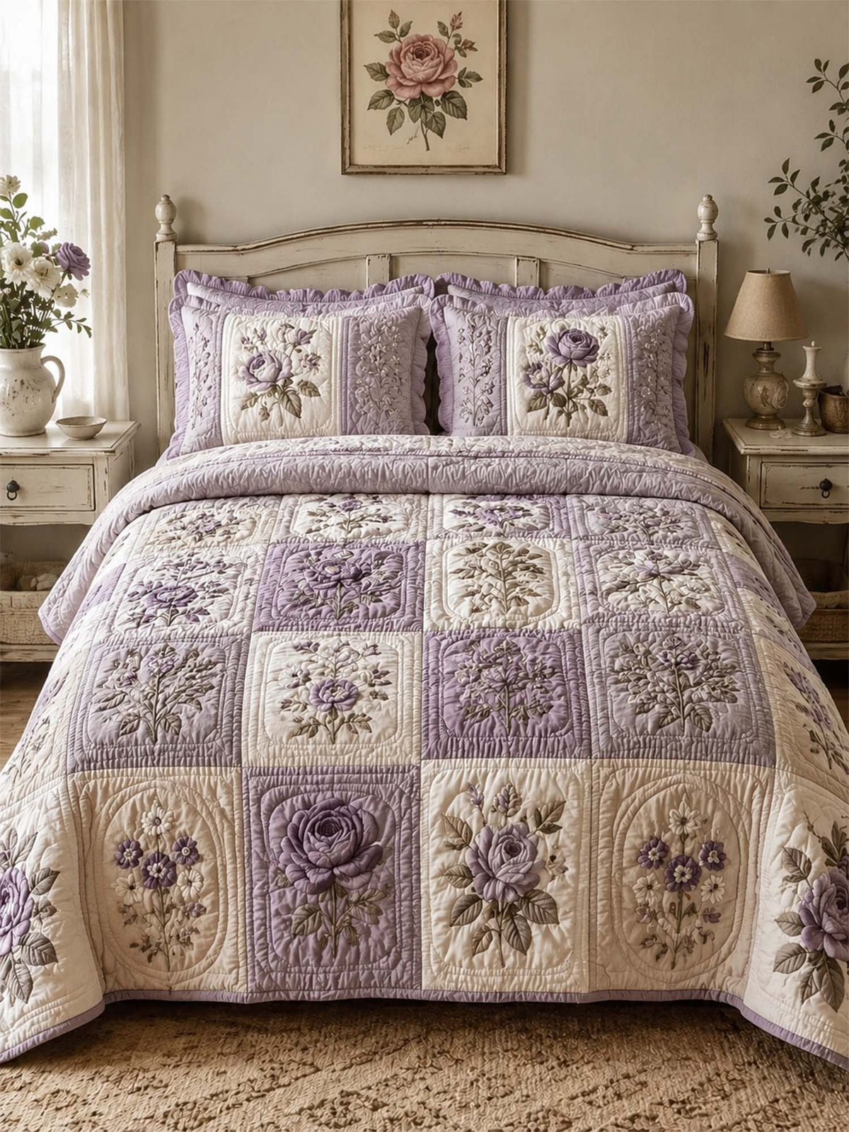 Vintage Rose Floral Quilted 3-Piece Bedding Set