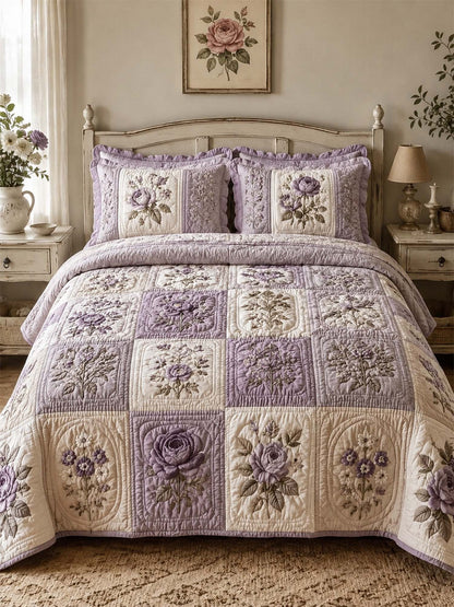 Vintage Rose Floral Quilted 3-Piece Bedding Set