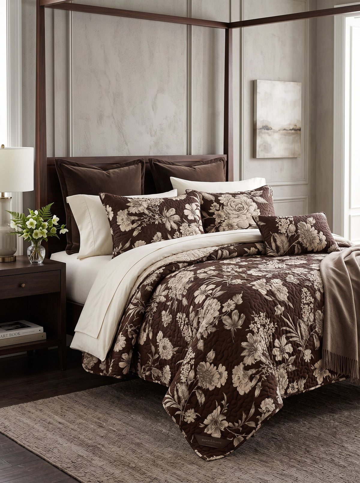 Mocha Vintage Floral Quilted 3-Piece Bedding Set