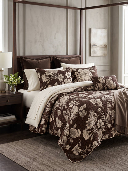 Mocha Vintage Floral Quilted 3-Piece Bedding Set