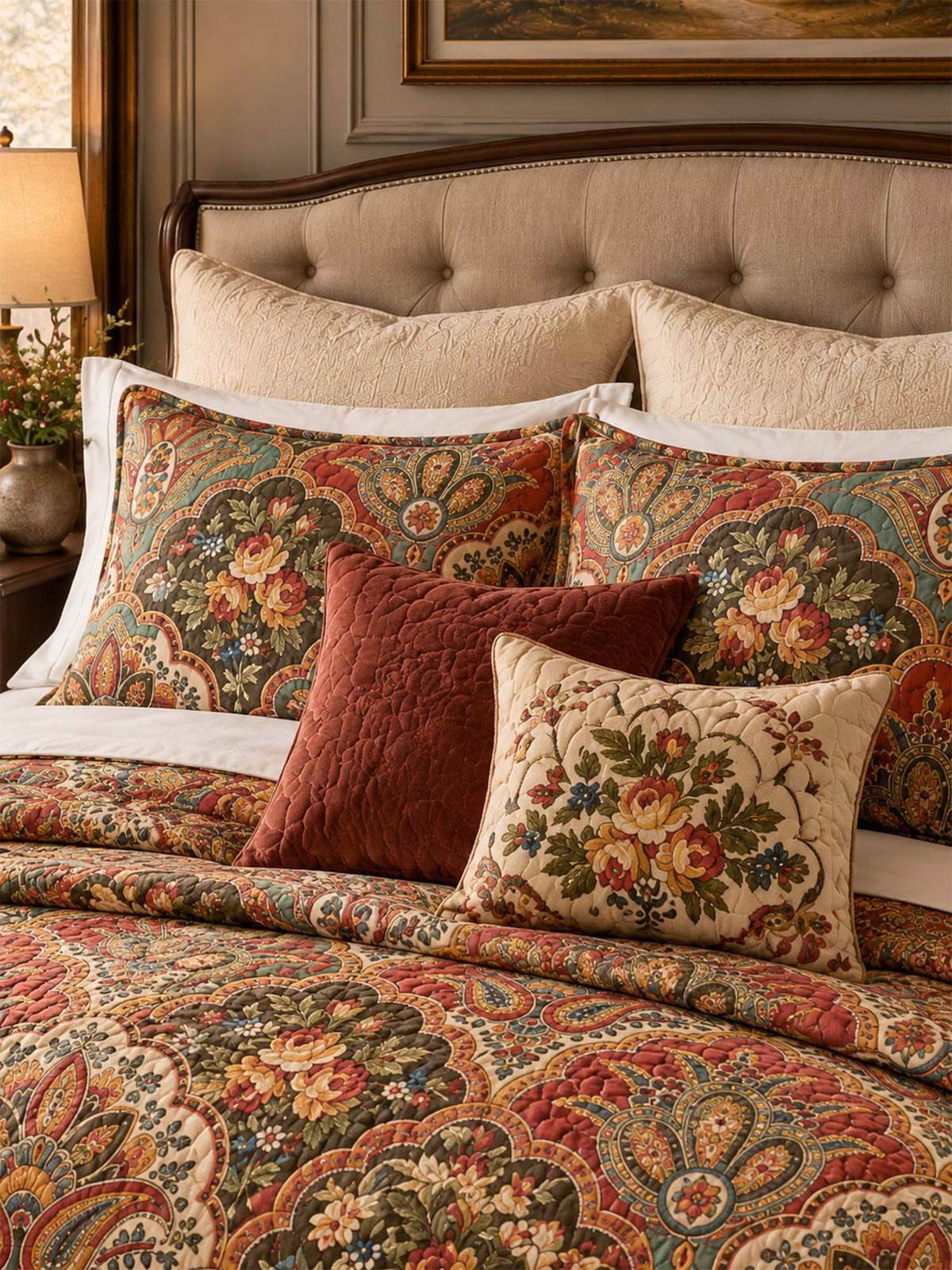 Vintage Paisley Floral Quilted 3-Piece Bedding Set