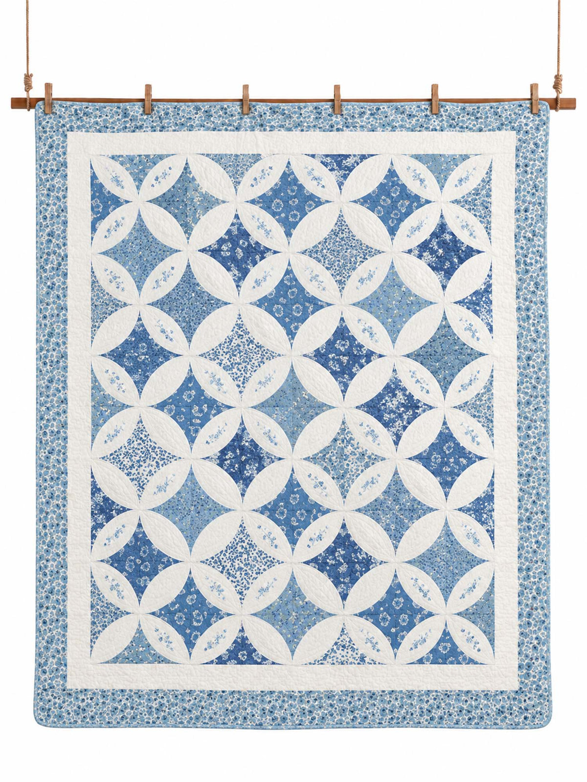 Blue Floral Ring Cottage Reversible 100% Cotton Quilted 3-Piece Bedding Set