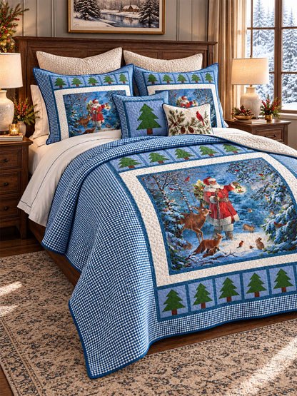 Santa's Winter Woodland Blue Gingham Quilted 3-Piece Bedding Set