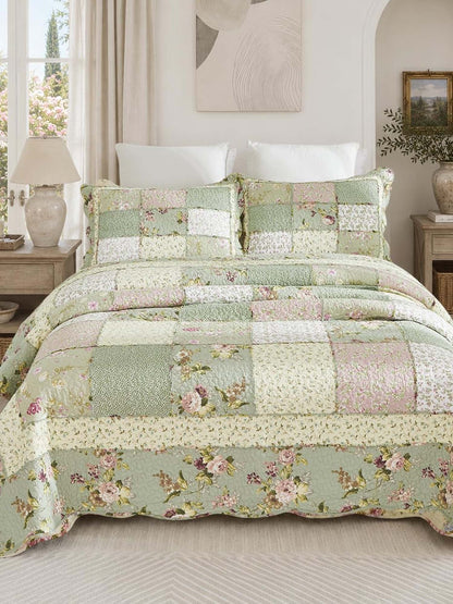 Rose Cottage Patchwork Quilted 3-Piece Bedding Set