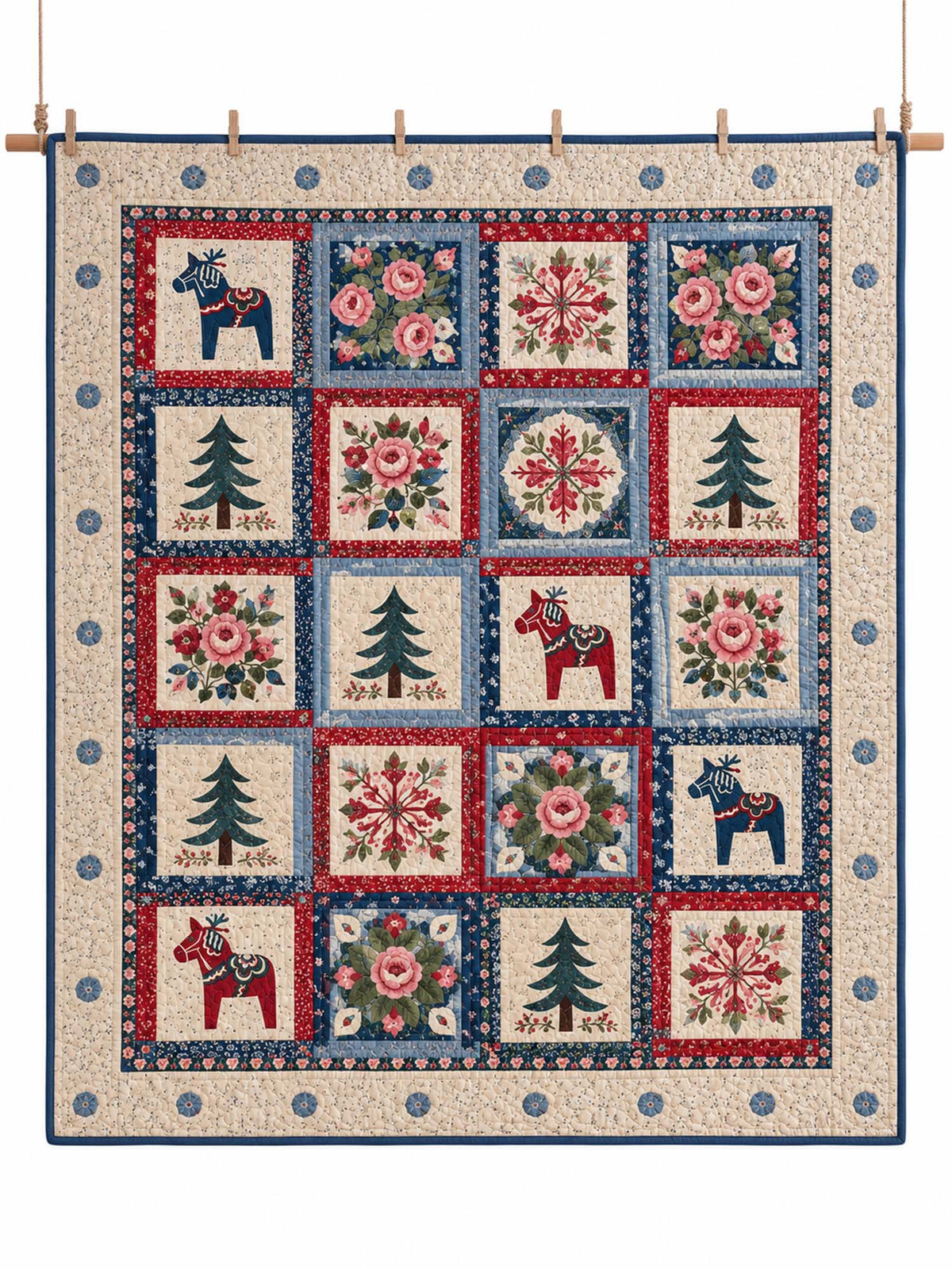 Swedish Dala Horse Floral Patchwork Quilted 3-Piece Bedding Set