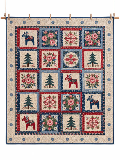 Swedish Dala Horse Floral Patchwork Quilted 3-Piece Bedding Set