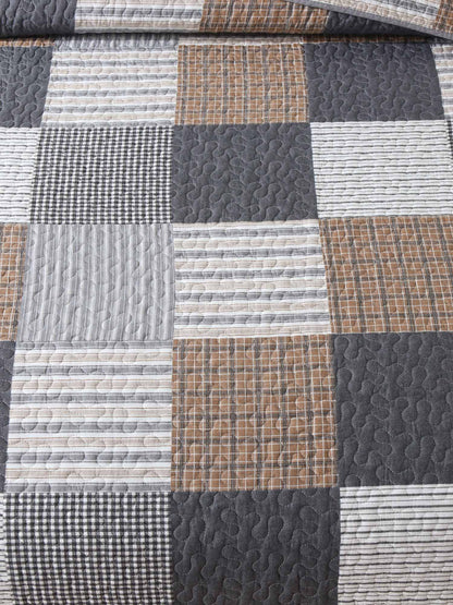 Grey Brown Plaid Patchwork Quilted 3‑Piece Bedding Set