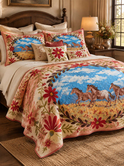 Western Horse Floral Quilted 3-Piece Bedding Set
