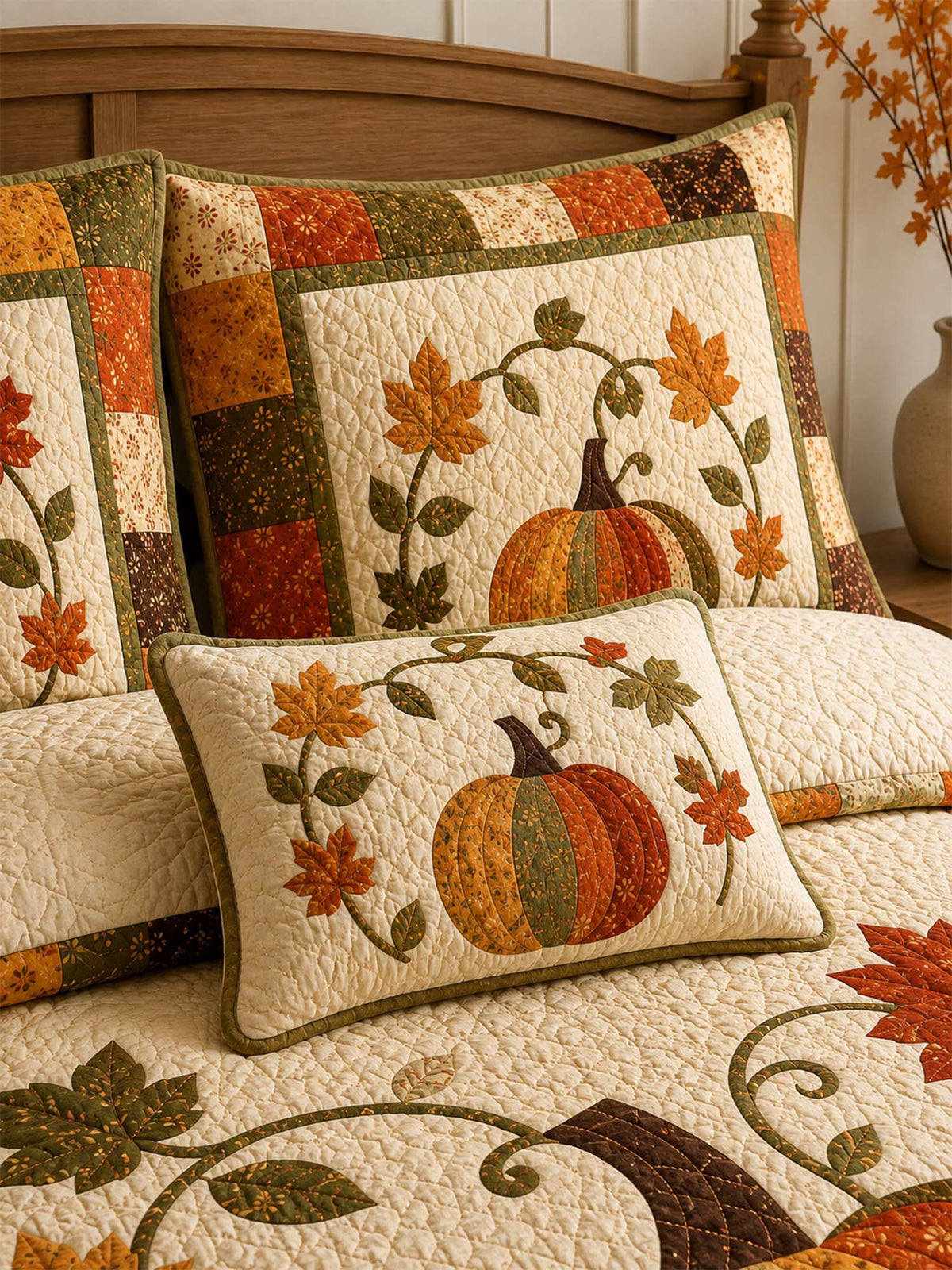 H.PAI Patchwork Pumpkin Autumn Harvest Quilted 3-Piece Bedding Set