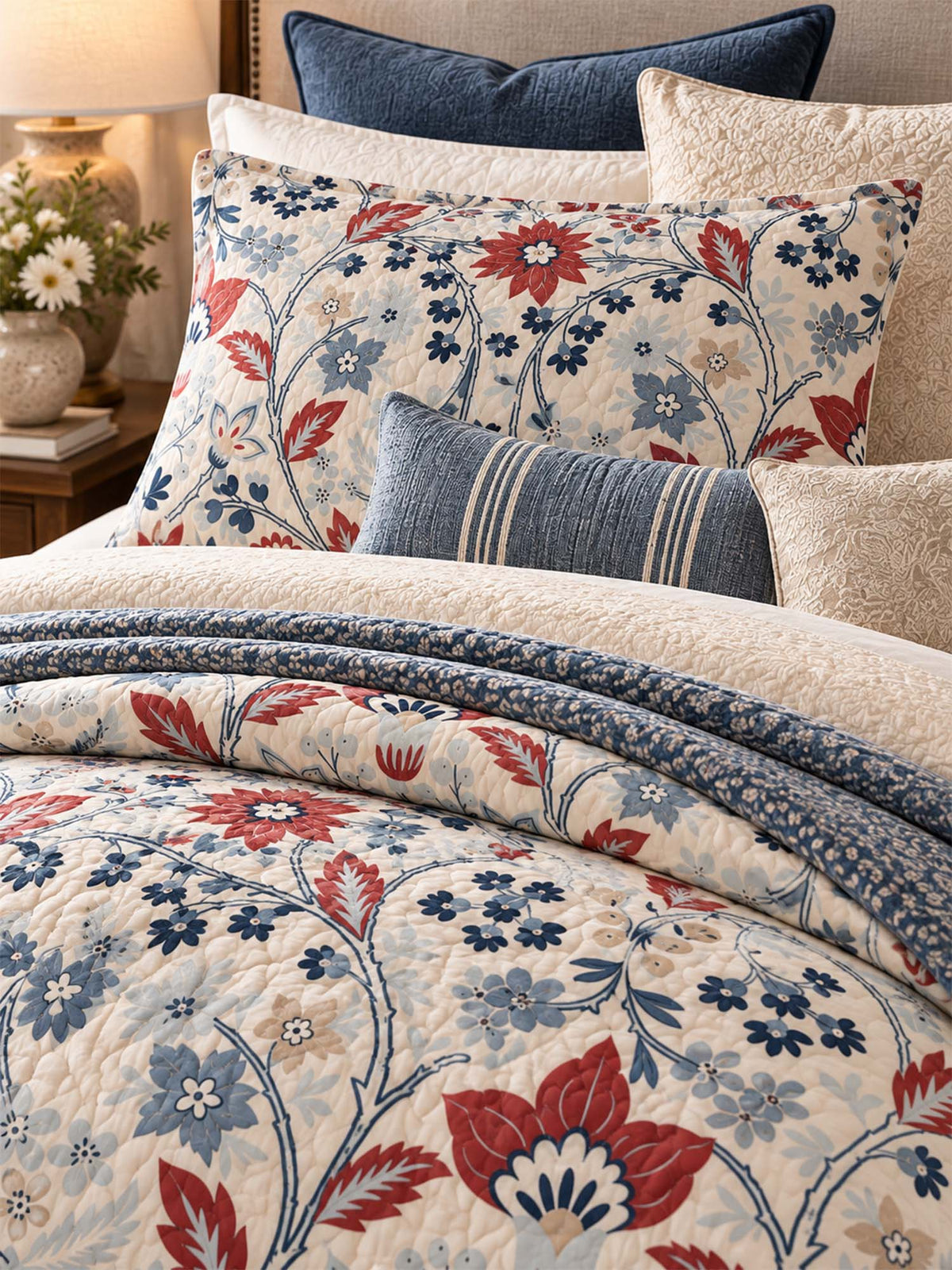 Red Blue Botanical Floral Quilted 3-Piece Bedding Set