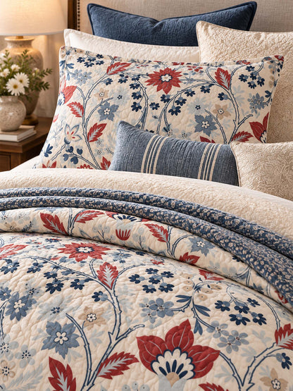 Red Blue Botanical Floral Quilted 3-Piece Bedding Set