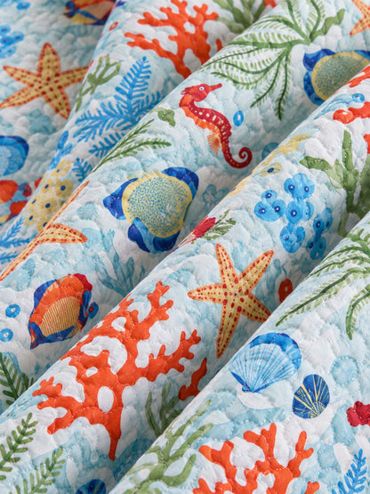 Coastal Coral Reef Reversible 100% Cotton Quilted 3-Piece Bedding Set