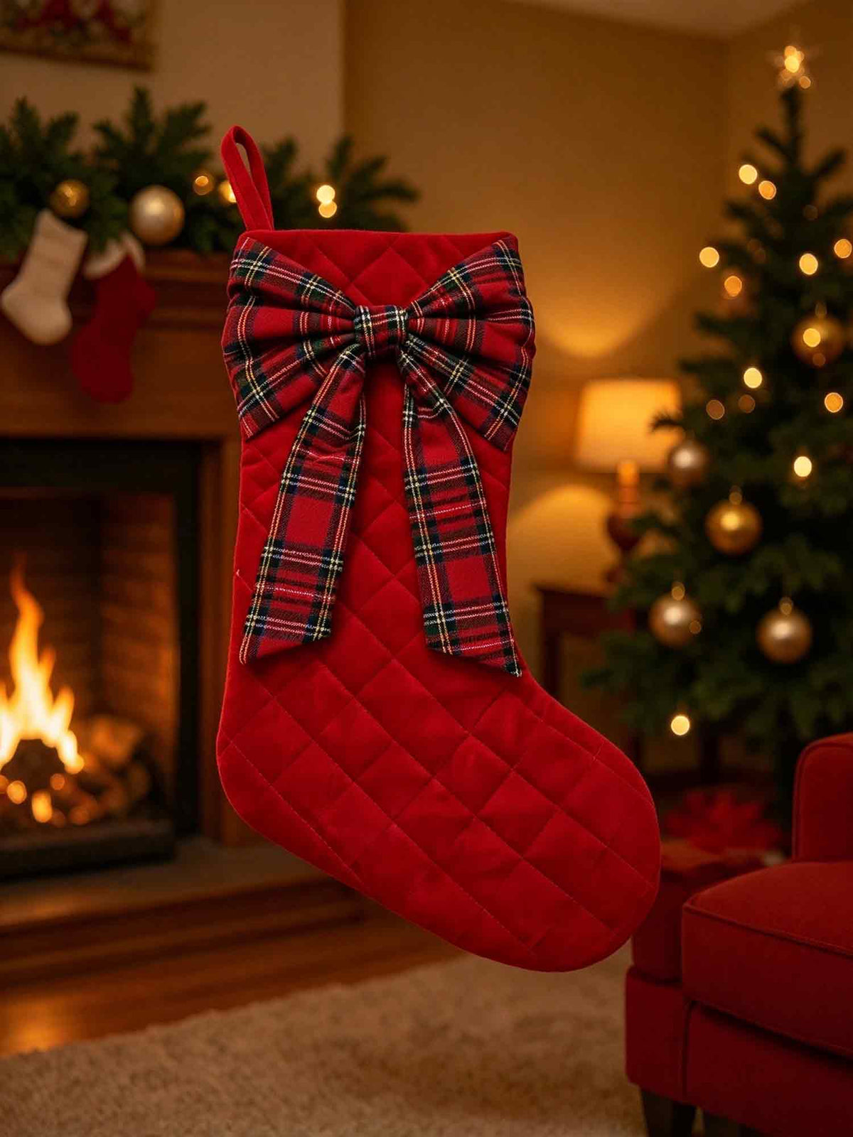 Red Quilted Velvet Christmas Stocking with Plaid Bow