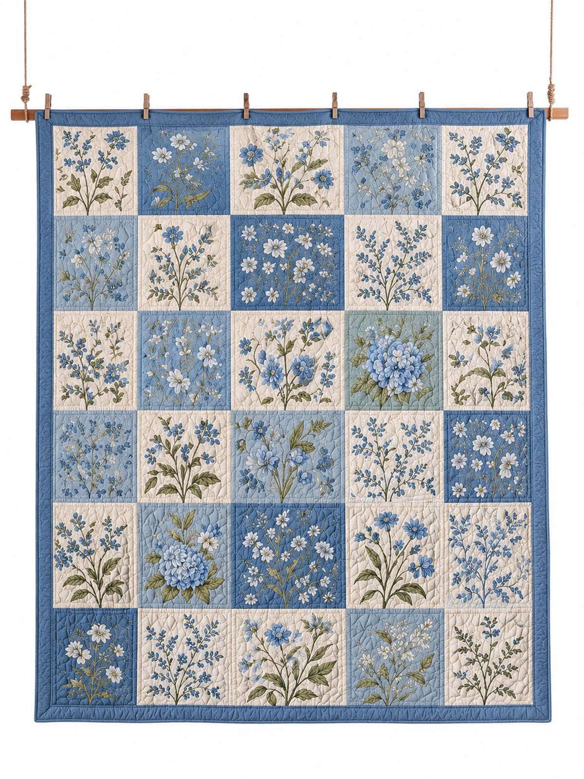 Blue Hydrangea Botanical Patchwork Quilted 3-Piece Bedding Set