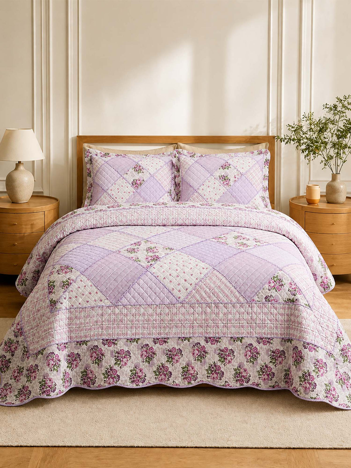 Lavender Rose Patchwork Quilted 3-Piece Bedding Set