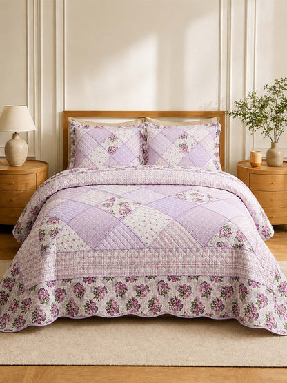Lavender Rose Patchwork Quilted 3-Piece Bedding Set
