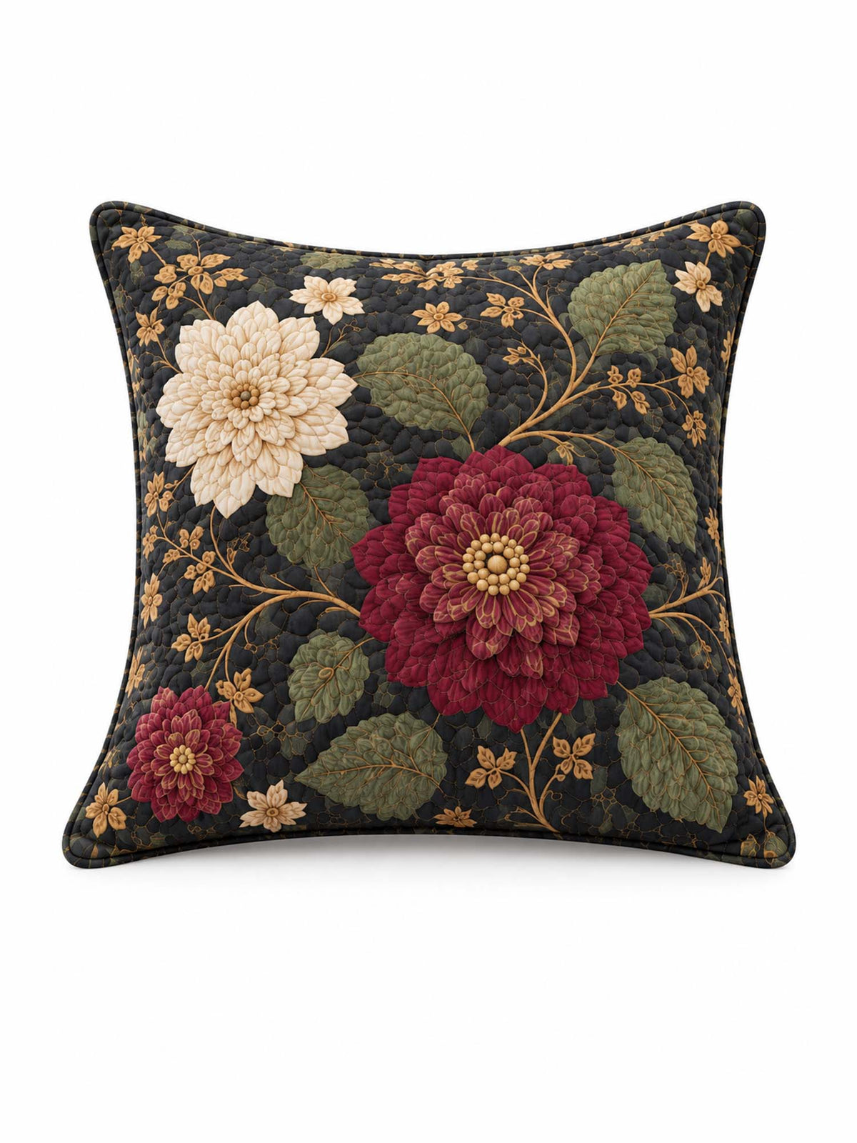 Burgundy Dahlia Dark Floral Quilted Pillow Cover