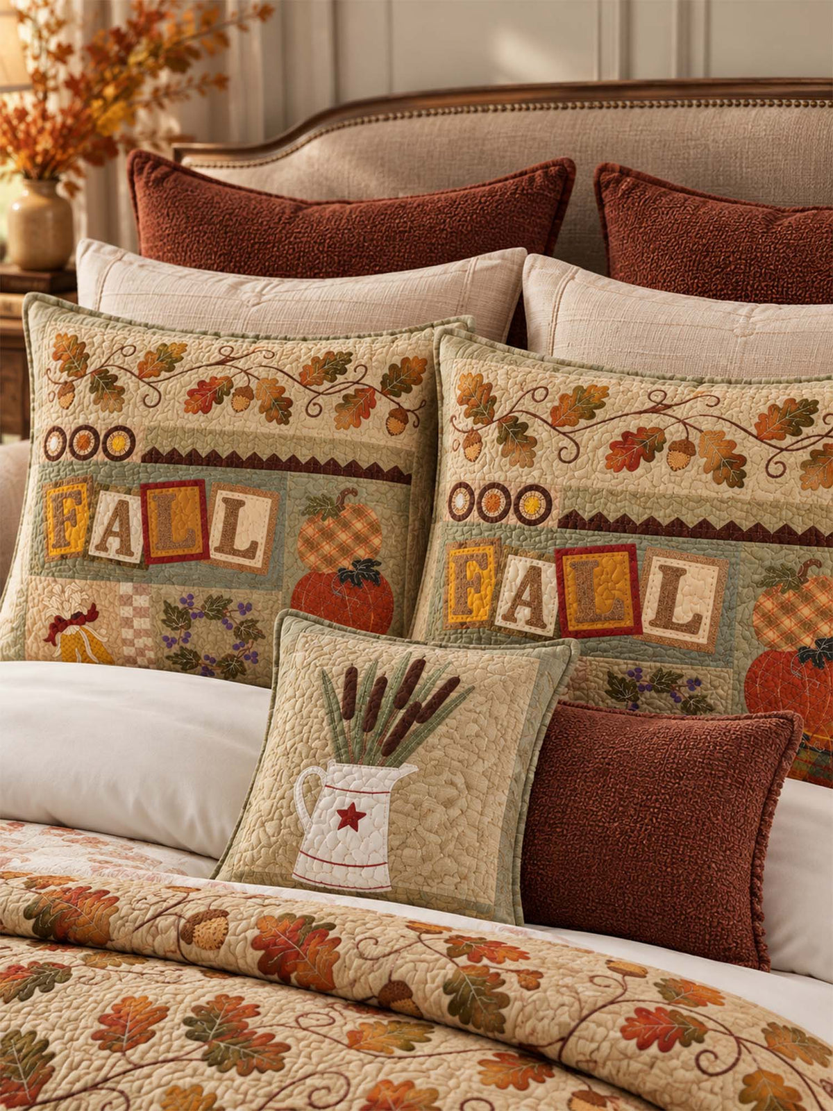 Fall Pumpkin Harvest Patchwork Quilted 3-Piece Bedding Set